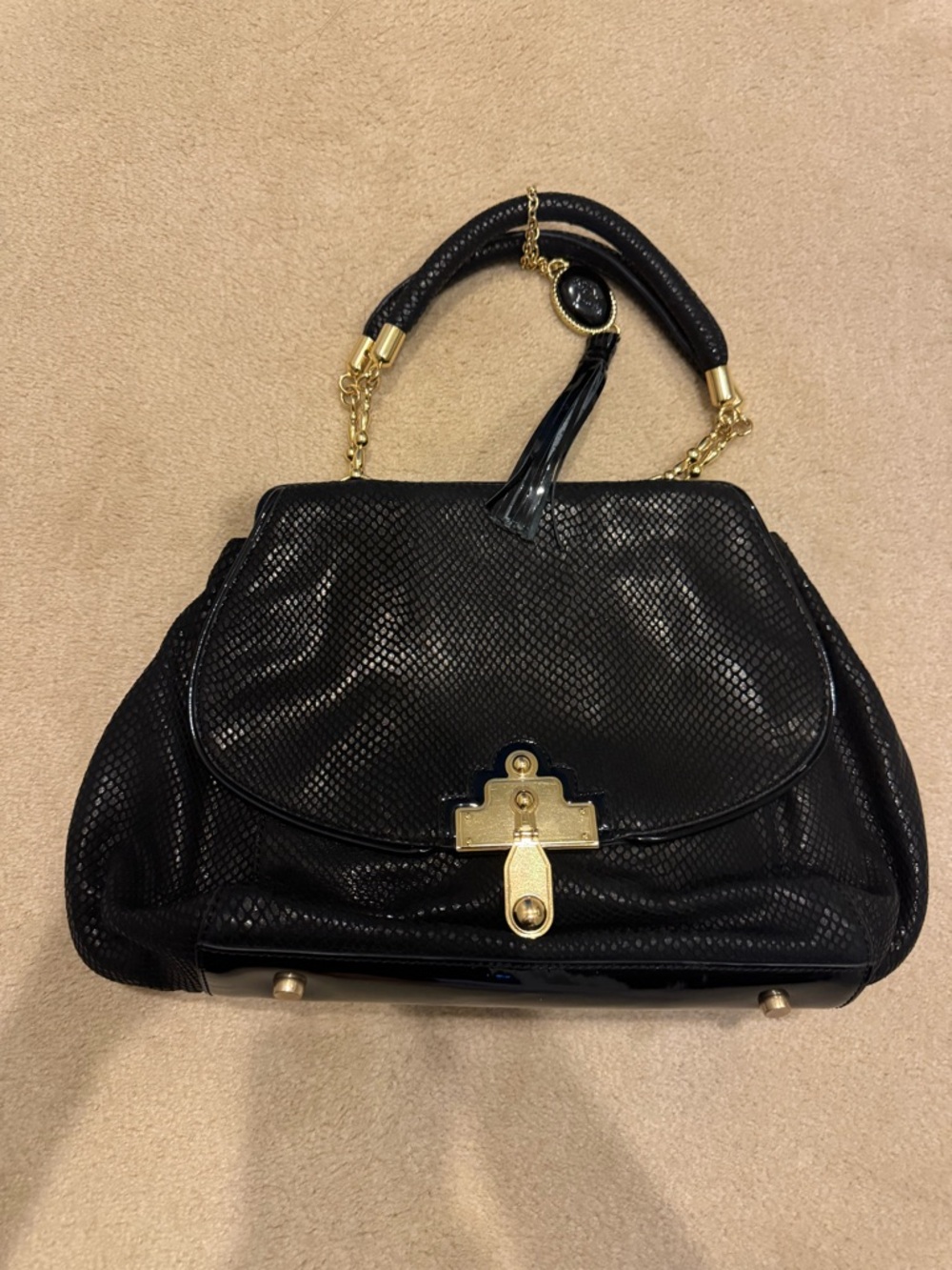 Nanette Lepore Black Textured Satchel with Gold Hardware